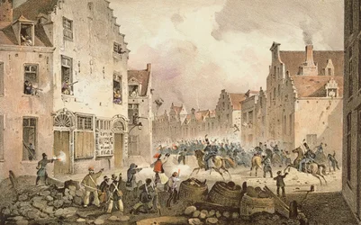 Combats et barricades dans la rue de Flandre, Bruxelles, 23 septembre 1830, gravé par Dewasme-Pletinckx
